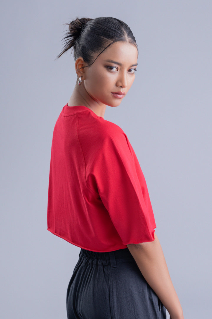 Relaxed Fit Raglan Crop Top - Red